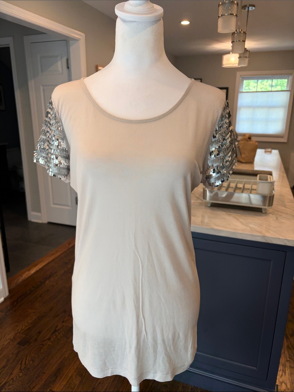 Armani A/X silver sequin short sleeve tee light putty color, size M